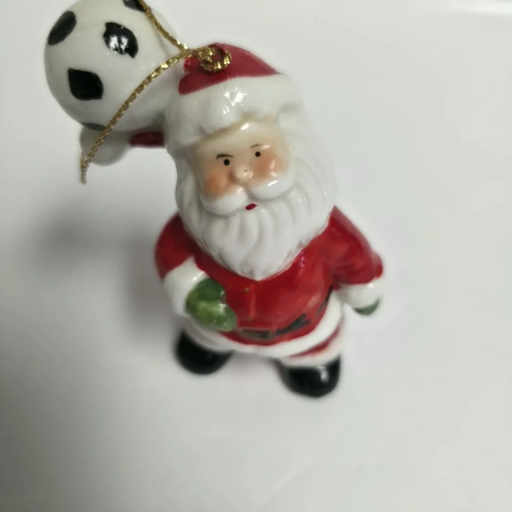Vintage Ceramic Santa Claus Soccer Ball Christmas Ornament Retro Sports Holiday